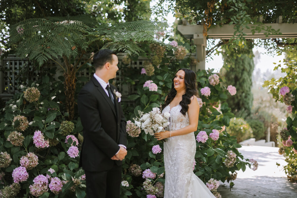 bride and groom first look at vine hill house