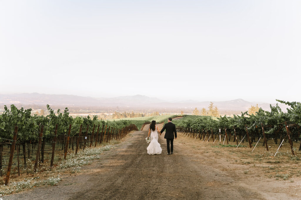 sunset photo of bride and groom at vine hill house